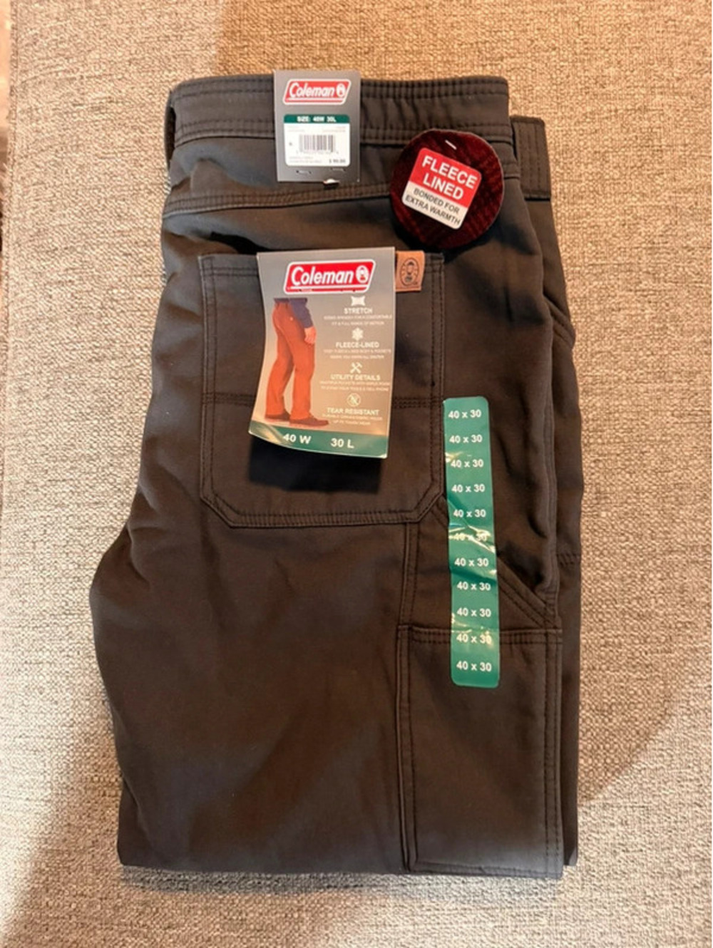 NWT Coleman Fleece Lined Stretch Utility Work Pants Men’s 40x30 Gray Outdoor